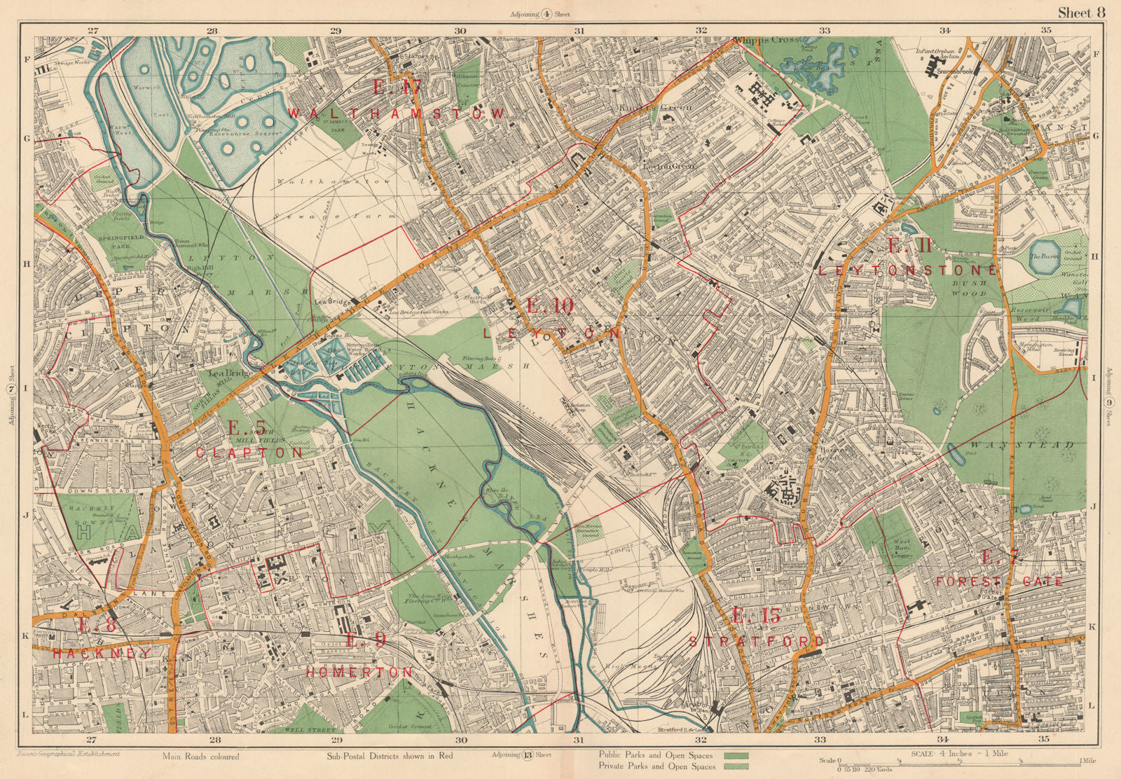 LEYTON/STONE Clapton Forest Gate Hackney Stratford Walthamstow. BACON 1927 map